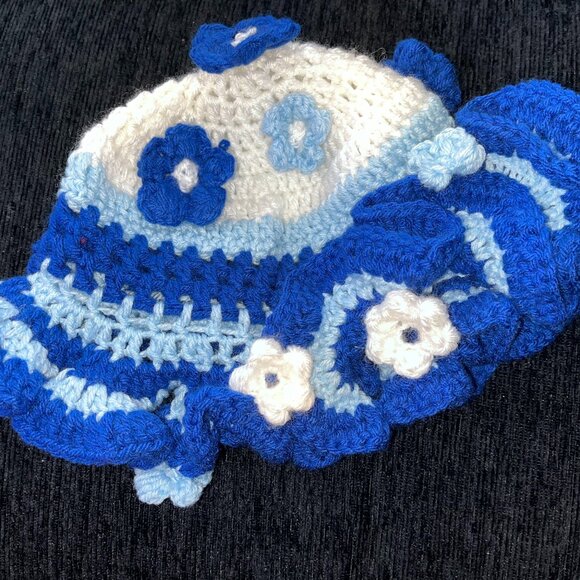 Handmade Crochet White, Baby Blue & Navy Floral Hat – One Size